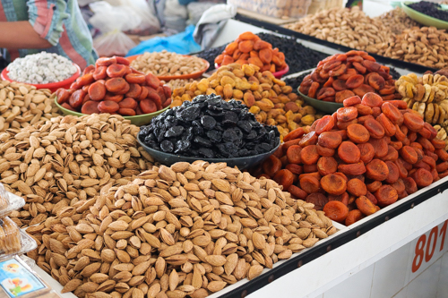 Dried fruits in a market of Uzbekistan